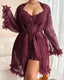 Plus-Size Lace Cami Nightgown Set with Floral Lace Trim and Sheer Robe with Wide Sleeves