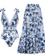 Shapecurve® V Neck Lace Up Strip Plant Prints One Piece Swimsuit and Skirt/Sarong