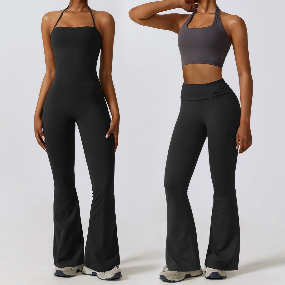 Women's Halter-Neck Bodycon Jumpsuit with Flare Legs – Ultra-Stretch, Butt-Lifting Activewear for a Sleek Silhouette