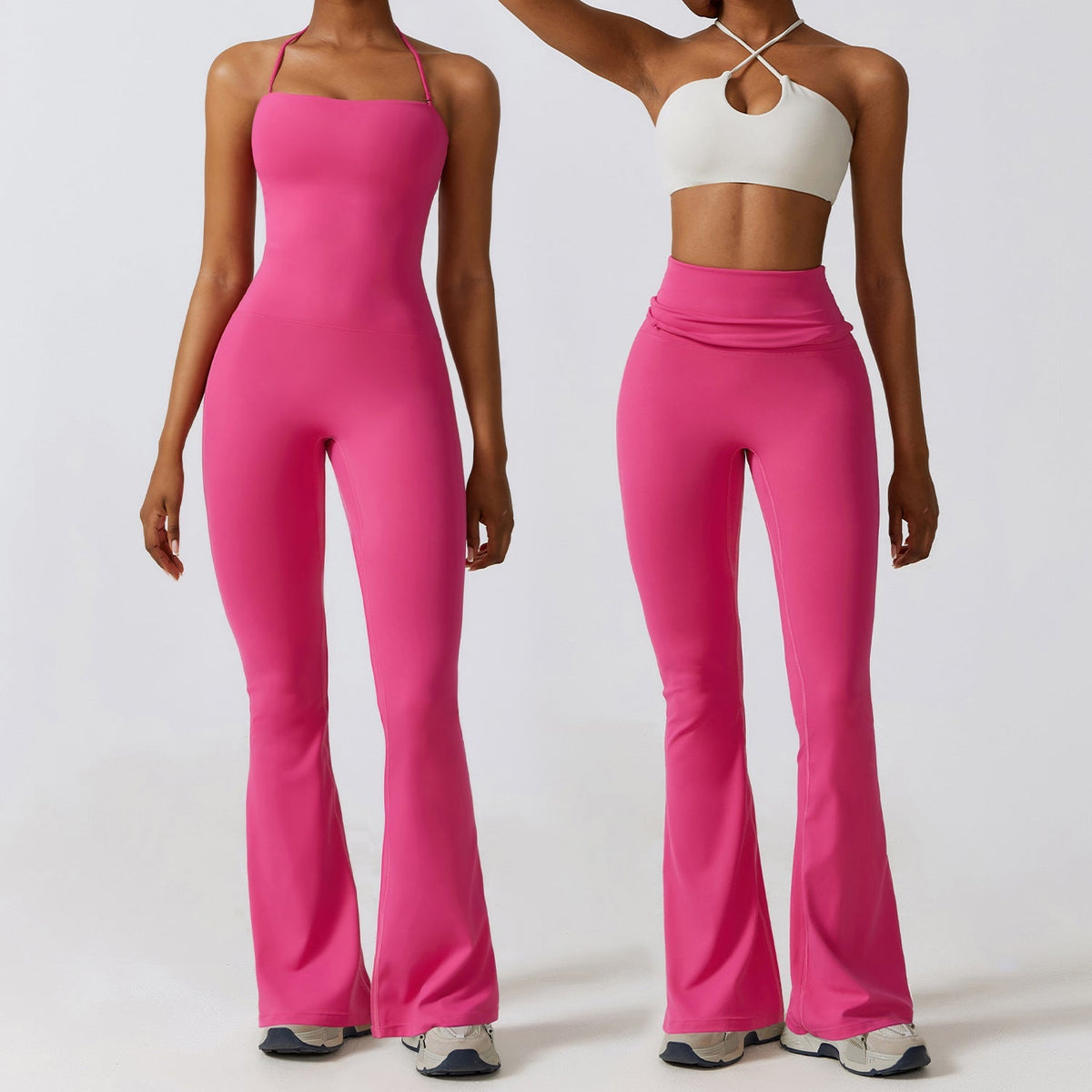 Women's Halter-Neck Bodycon Jumpsuit with Flare Legs – Ultra-Stretch, Butt-Lifting Activewear for a Sleek Silhouette