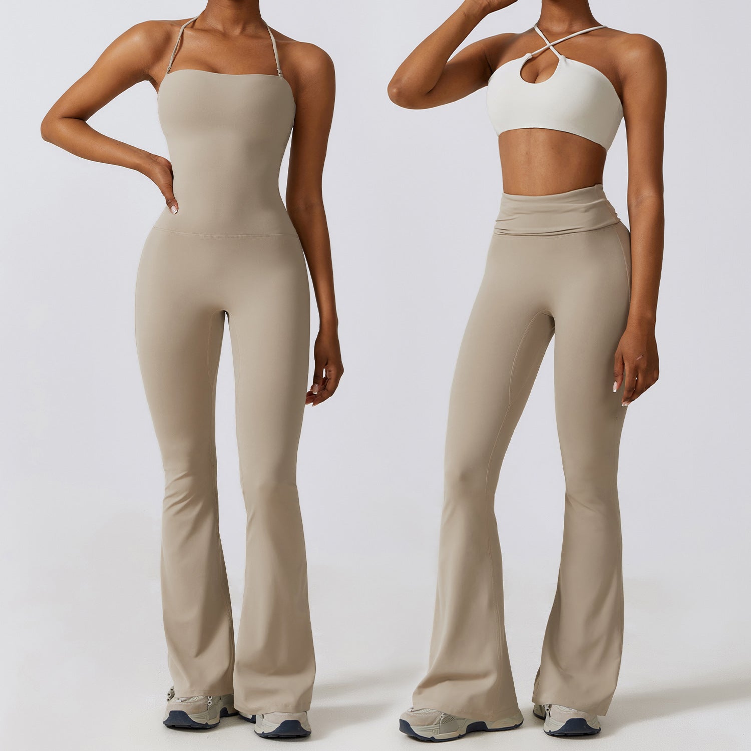 Women's Halter-Neck Bodycon Jumpsuit with Flare Legs – Ultra-Stretch, Butt-Lifting Activewear for a Sleek Silhouette