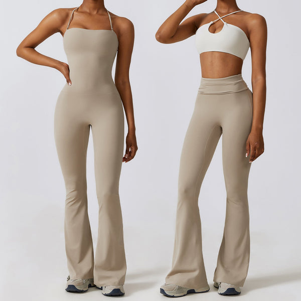 Women's Halter-Neck Bodycon Jumpsuit with Flare Legs – Ultra-Stretch, Butt-Lifting Activewear for a Sleek Silhouette