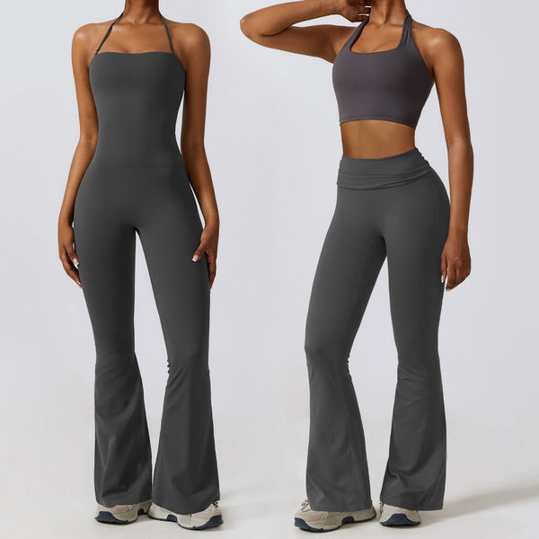 Women's Halter-Neck Bodycon Jumpsuit with Flare Legs – Ultra-Stretch, Butt-Lifting Activewear for a Sleek Silhouette