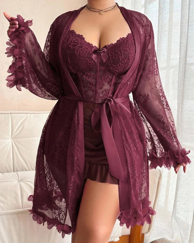 Plus-Size Lace Cami Nightgown Set with Floral Lace Trim and Sheer Robe with Wide Sleeves