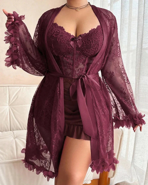 Plus-Size Lace Cami Nightgown Set with Floral Lace Trim and Sheer Robe with Wide Sleeves