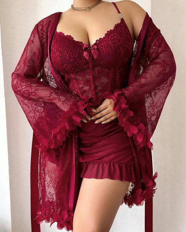 Plus-Size Lace Cami Nightgown Set with Floral Lace Trim and Sheer Robe with Wide Sleeves
