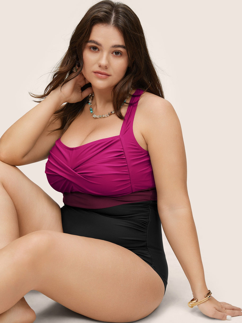 Figure-Flattering Contrast Twist-Front One-Piece Swimsuit with Tummy Control