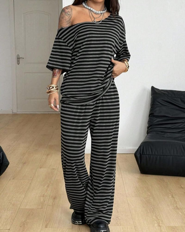 Chic Striped Off-Shoulder Two-Piece Set with Wide-Leg Pants