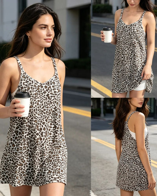 Leopard-Print Athletic Mini Dress with Built-In Shorts and Convenient Pockets