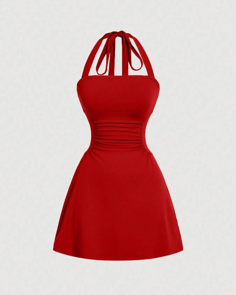 Elegant Ruched Tie-Back Halter A-Line Dress