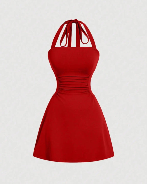 Elegant Ruched Tie-Back Halter A-Line Dress