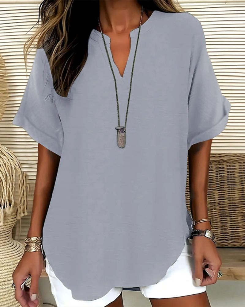 Effortless V-Neck Relaxed-Fit Short-Sleeve Blouse