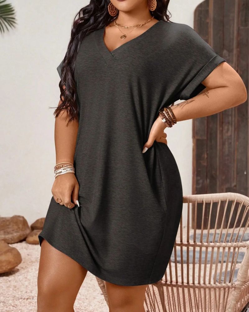 Chic Plus-Size V-Neck Batwing Sleeve T-Shirt Dress