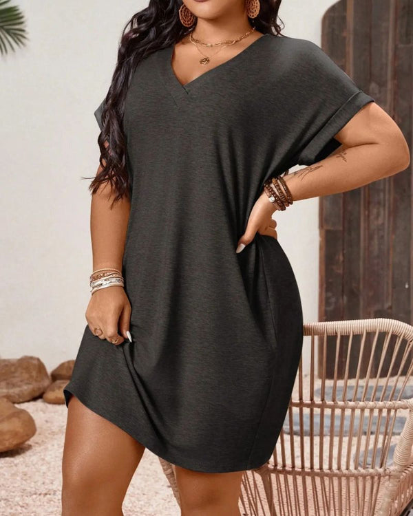 Chic Plus-Size V-Neck Batwing Sleeve T-Shirt Dress