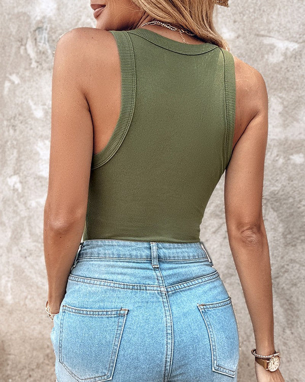 Ribbed Round-Neck Tank Top with Built-In Bra Pads for All-Day Comfort and Support