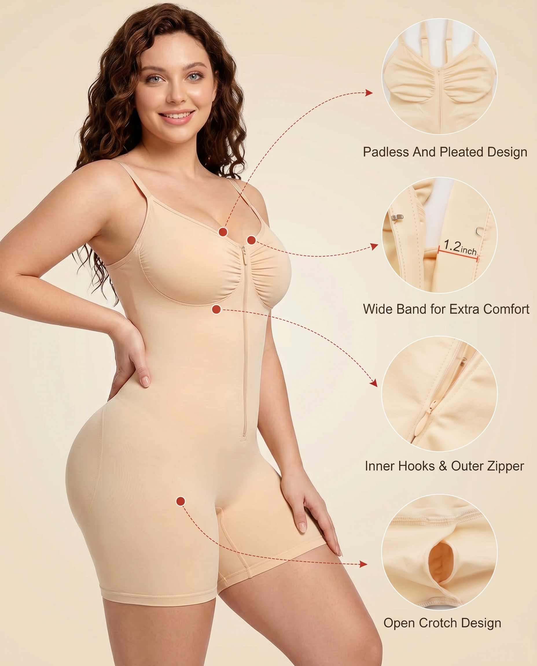 Women's Ultra-Stretch Zipper Shapewear with Adjustable Straps, Breathable Mesh for Tummy Control Body Shaper