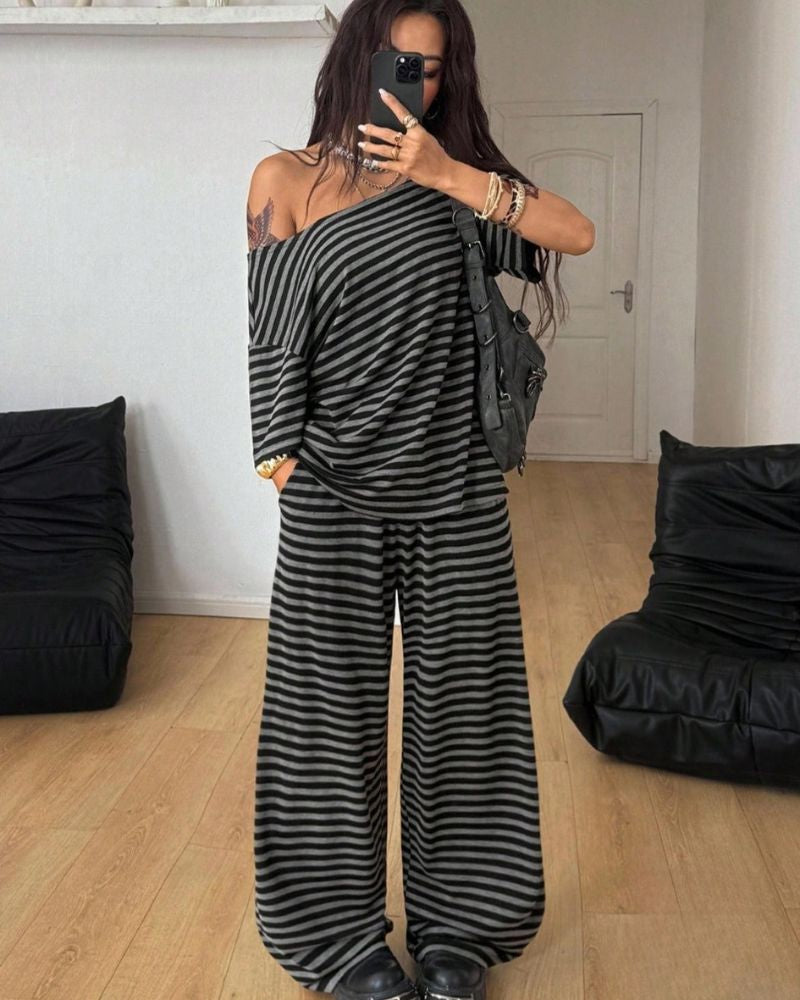 Chic Striped Off-Shoulder Two-Piece Set with Wide-Leg Pants