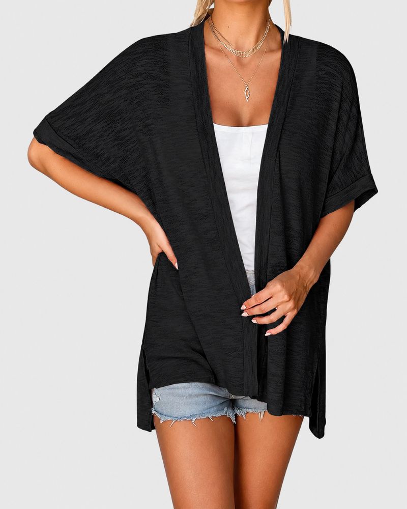 Airy Lightweight Short-Sleeve Open-Front Cardigan