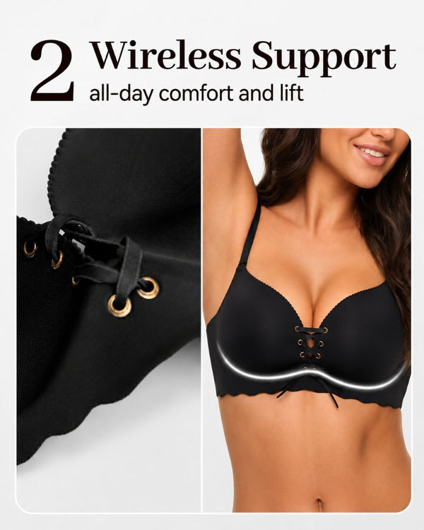 Lace-Up Padded Wireless Push-Up Bra with Gentle Lift