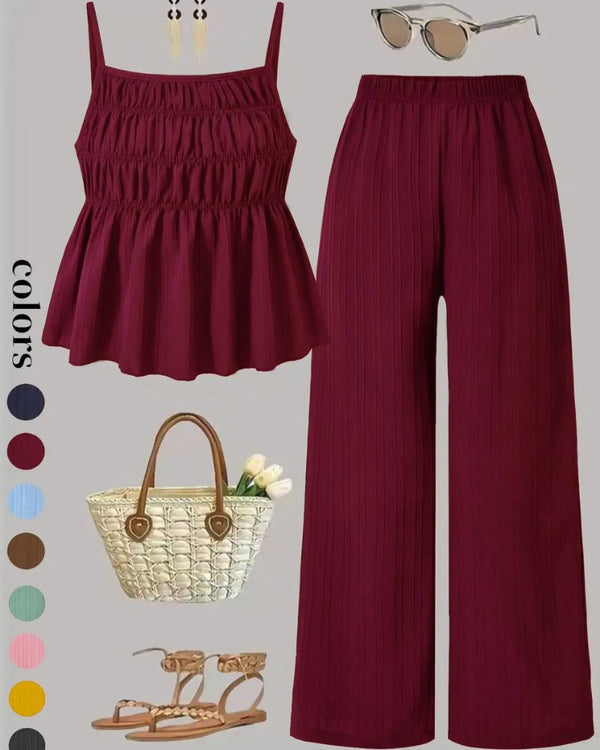 Effortless Solid-Color Cami Top & Wide-Leg Pants Two-Piece Set