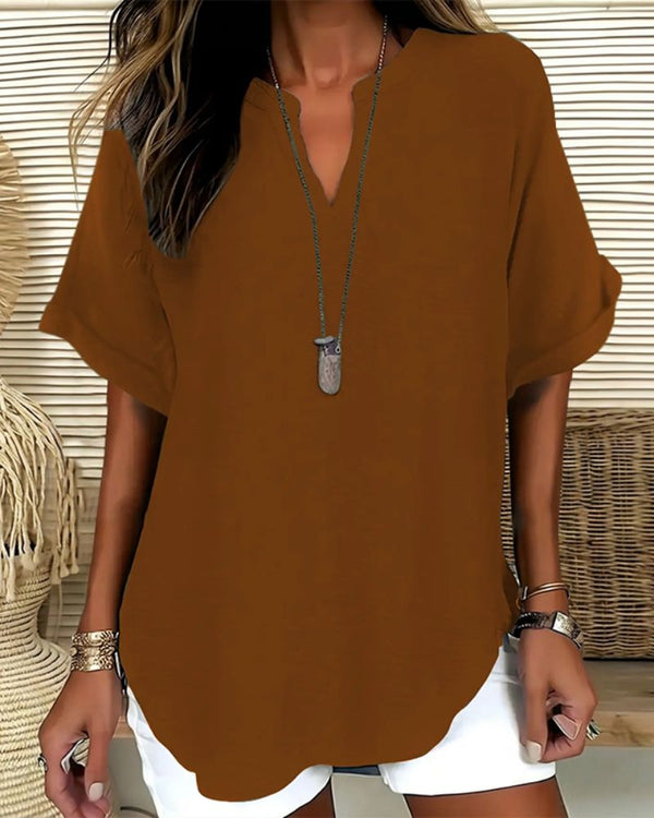 Effortless V-Neck Relaxed-Fit Short-Sleeve Blouse