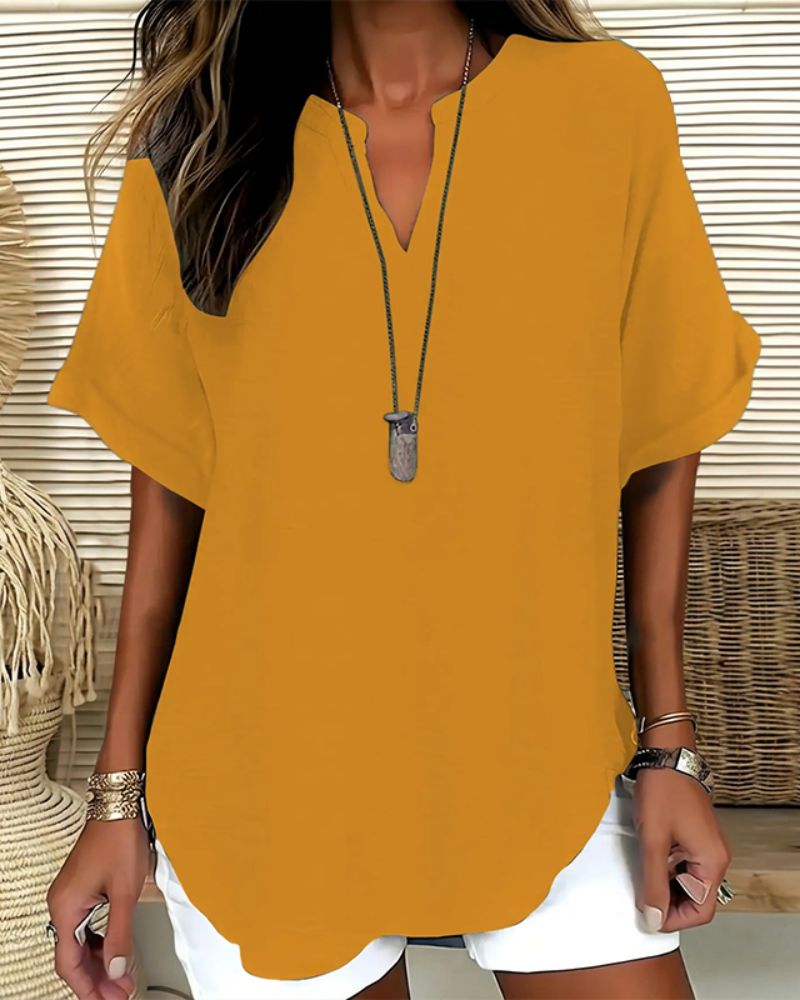 Effortless V-Neck Relaxed-Fit Short-Sleeve Blouse