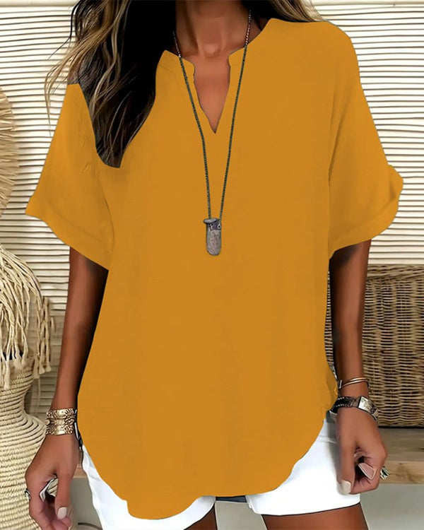 Effortless V-Neck Relaxed-Fit Short-Sleeve Blouse
