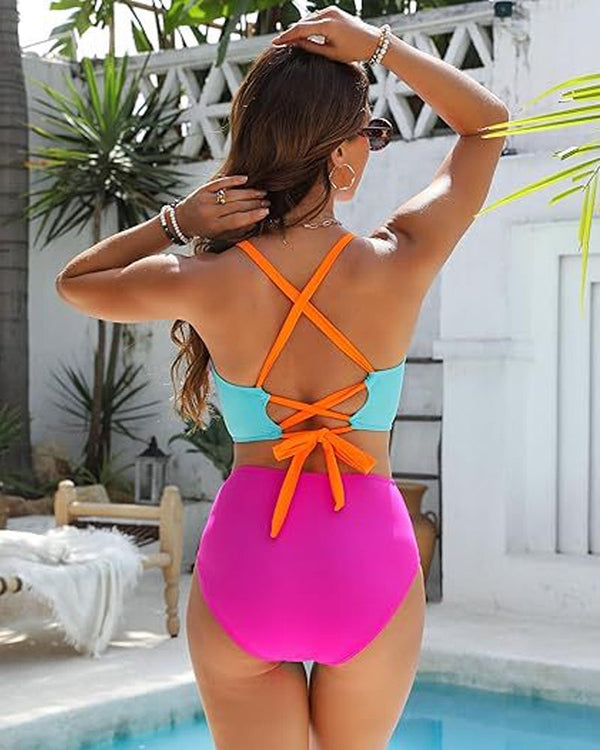 Color-Block Crisscross Lace-Back Bikini Set