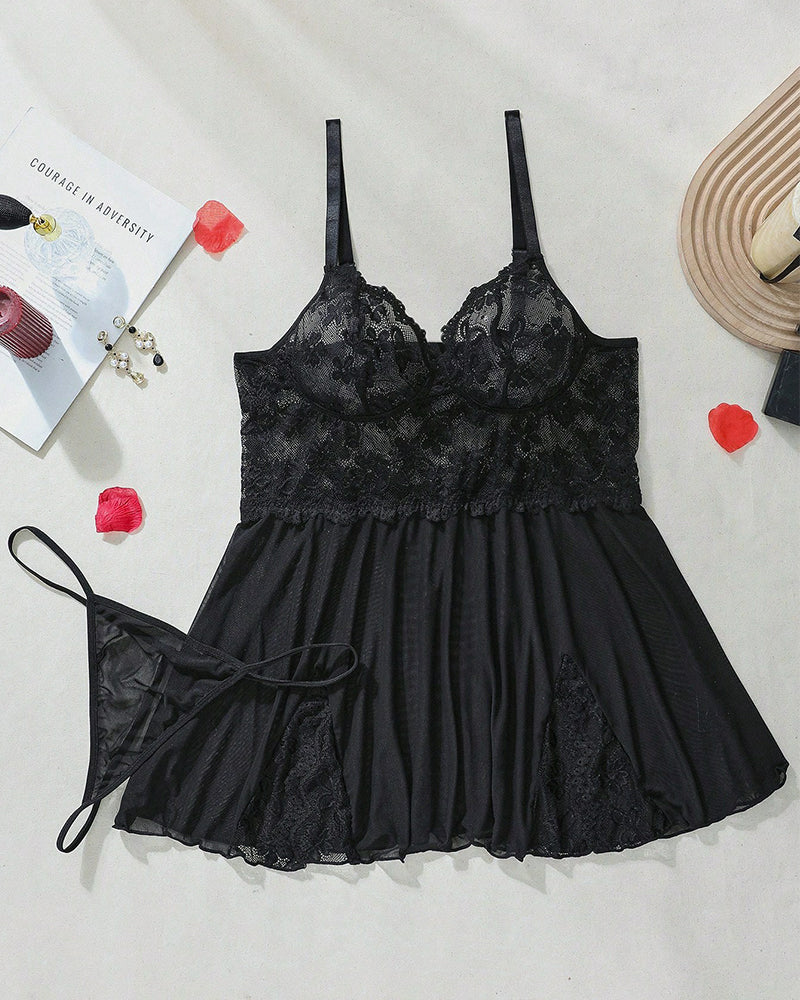 Sultry Plus-Size Lace & Mesh Slit Slip Dress with G-String