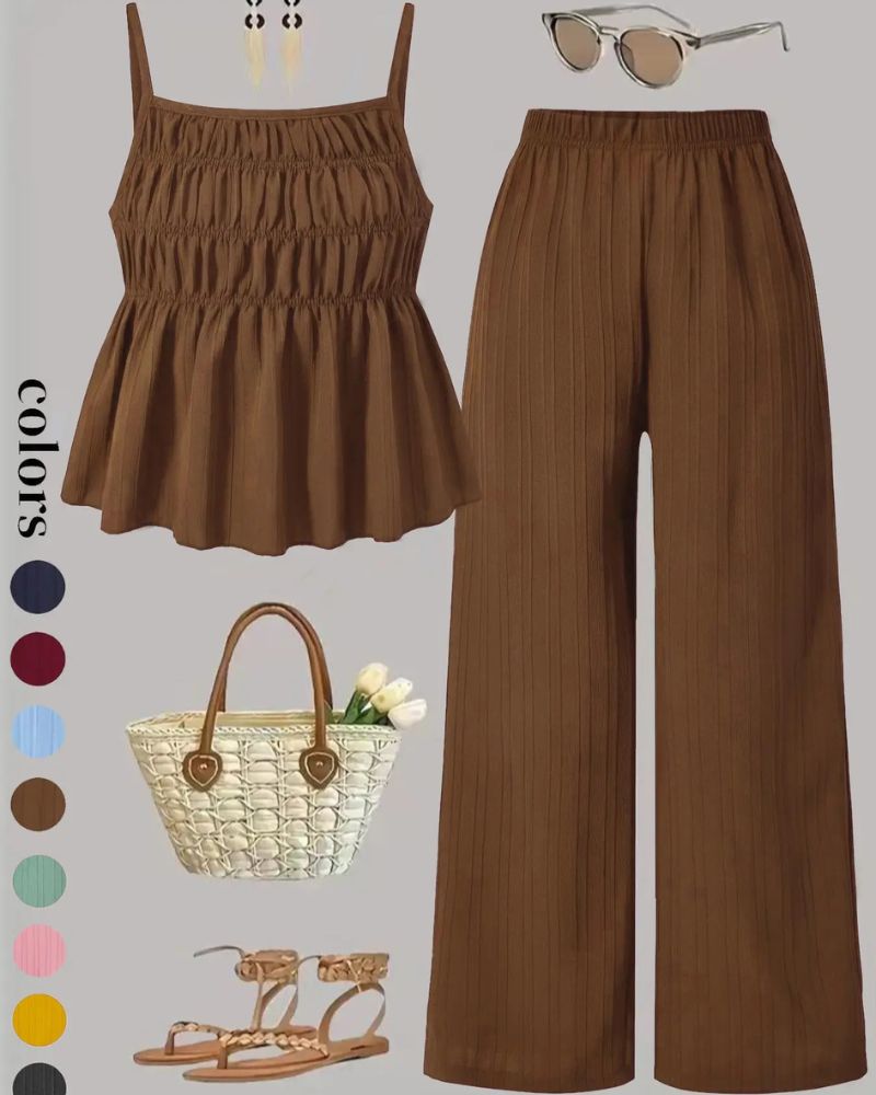 Effortless Solid-Color Cami Top & Wide-Leg Pants Two-Piece Set