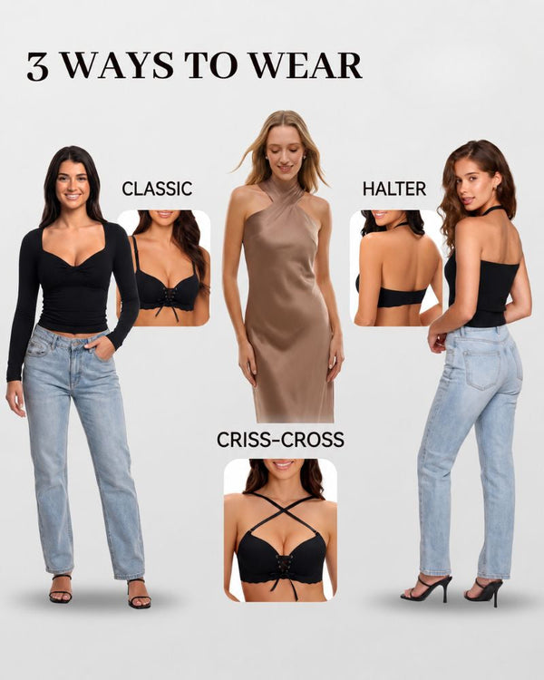 Lace-Up Padded Wireless Push-Up Bra with Gentle Lift