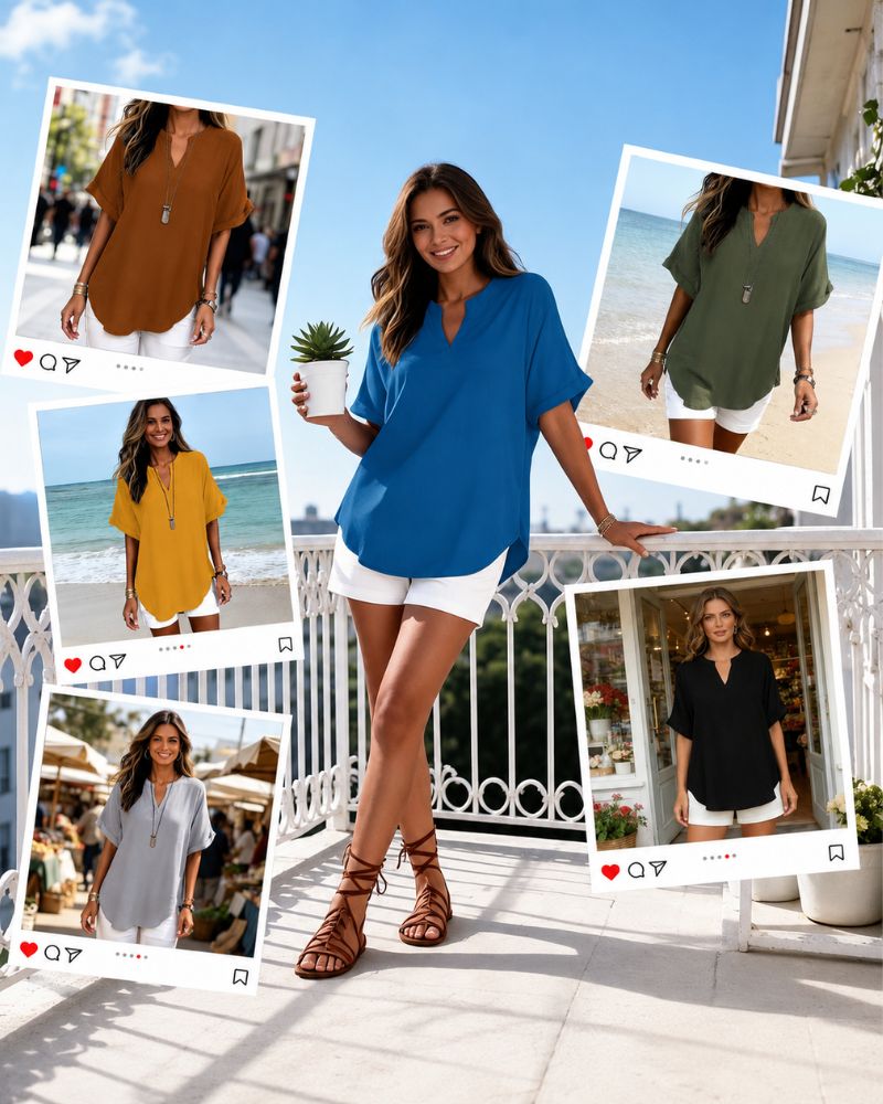 Effortless V-Neck Relaxed-Fit Short-Sleeve Blouse