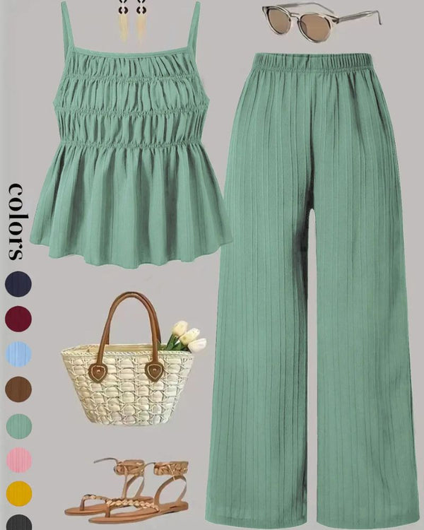 Effortless Solid-Color Cami Top & Wide-Leg Pants Two-Piece Set