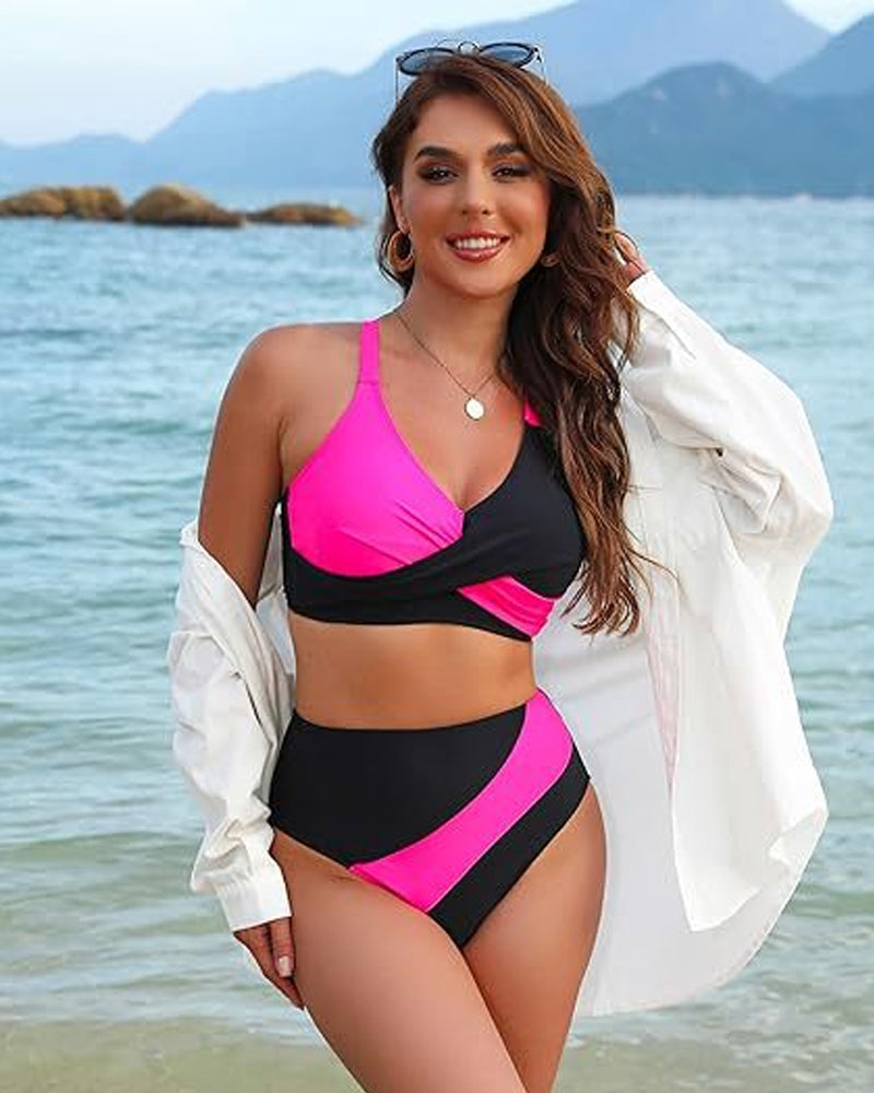 Color-Block Crisscross Lace-Back Bikini Set