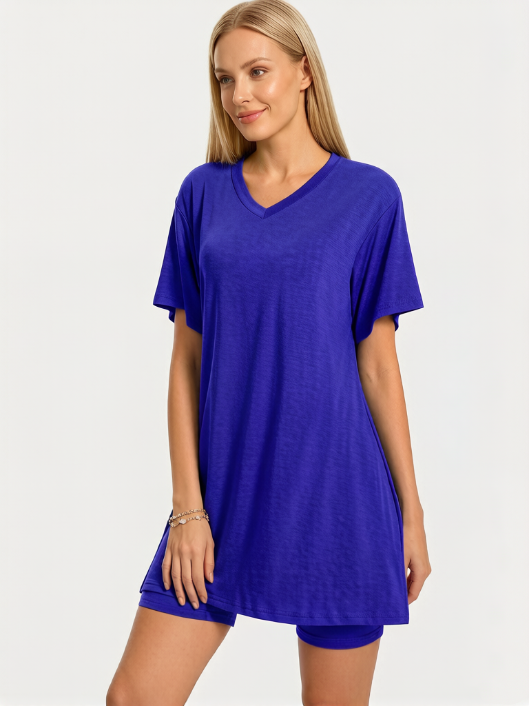 Women's Summer Lounge Set: Oversized Tee & Reversible Biker Shorts Tracksuit