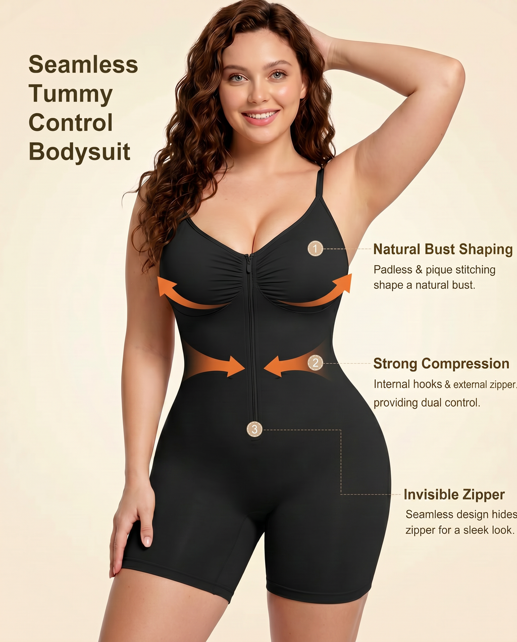 Women's Ultra-Stretch Zipper Shapewear with Adjustable Straps, Breathable Mesh for Tummy Control Body Shaper