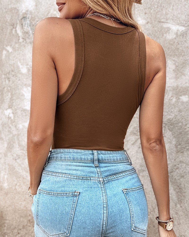Ribbed Round-Neck Tank Top with Built-In Bra Pads for All-Day Comfort and Support
