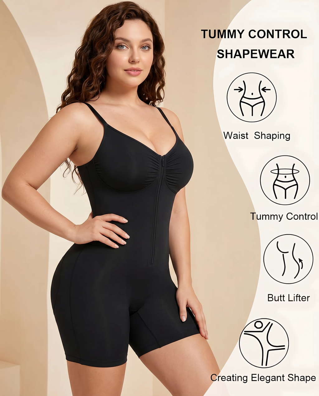 Women's Ultra-Stretch Zipper Shapewear with Adjustable Straps, Breathable Mesh for Tummy Control Body Shaper