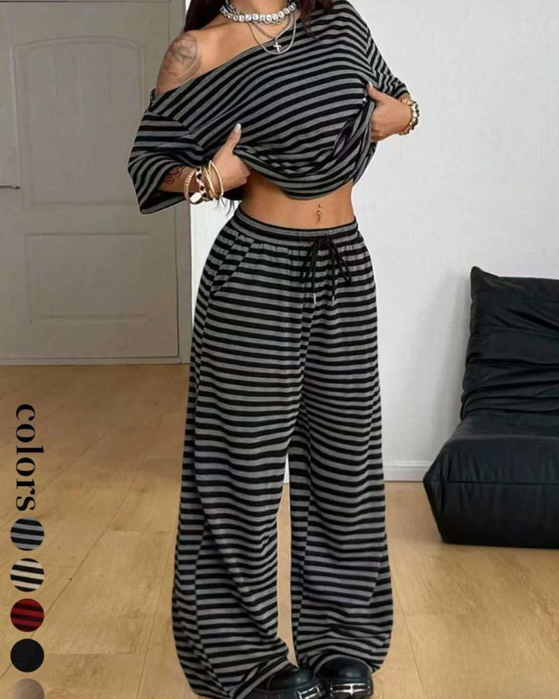 Chic Striped Off-Shoulder Two-Piece Set with Wide-Leg Pants
