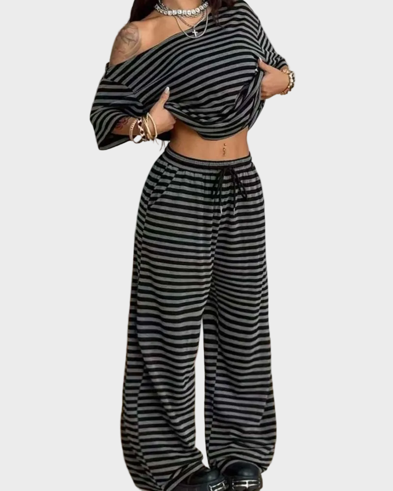 Chic Striped Off-Shoulder Two-Piece Set with Wide-Leg Pants Main image