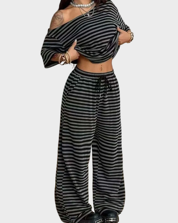 Chic Striped Off-Shoulder Two-Piece Set with Wide-Leg Pants