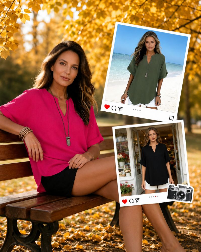 Effortless V-Neck Relaxed-Fit Short-Sleeve Blouse