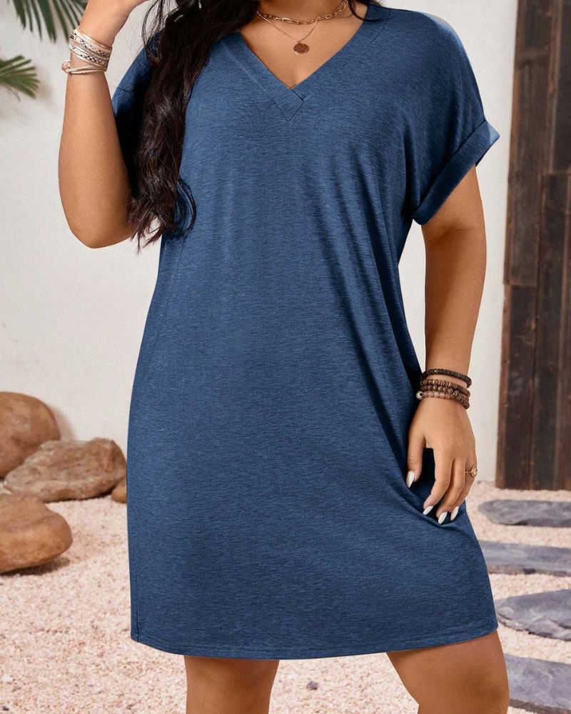 Chic Plus-Size V-Neck Batwing Sleeve T-Shirt Dress
