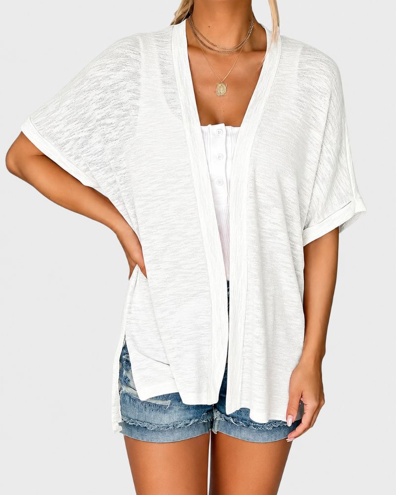 Airy Lightweight Short-Sleeve Open-Front Cardigan