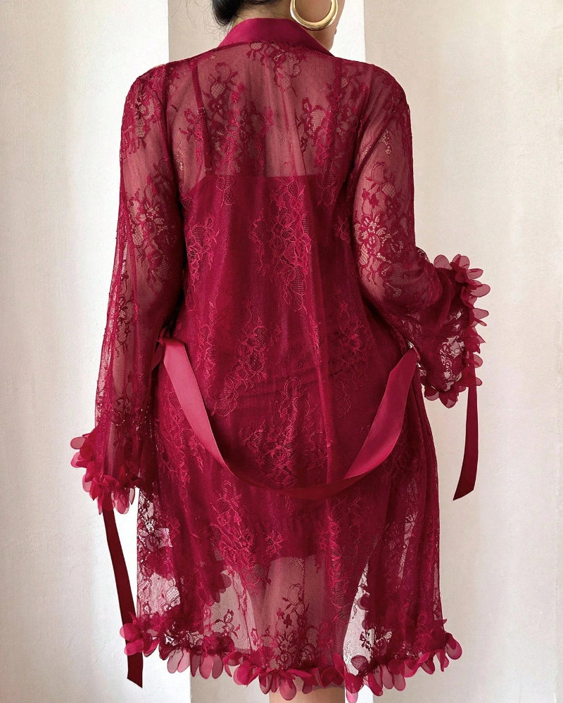 Plus-Size Lace Cami Nightgown Set with Floral Lace Trim and Sheer Robe with Wide Sleeves
