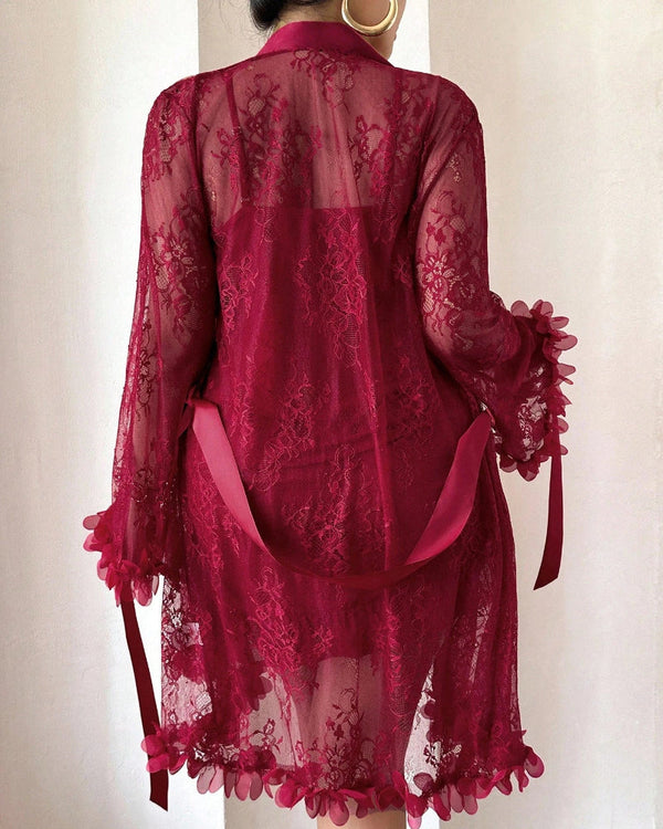 Plus-Size Lace Cami Nightgown Set with Floral Lace Trim and Sheer Robe with Wide Sleeves