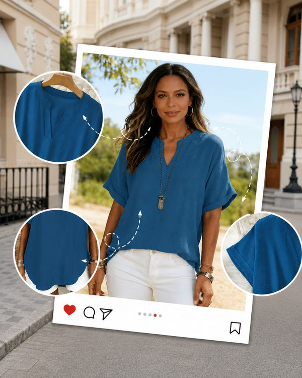 Effortless V-Neck Relaxed-Fit Short-Sleeve Blouse