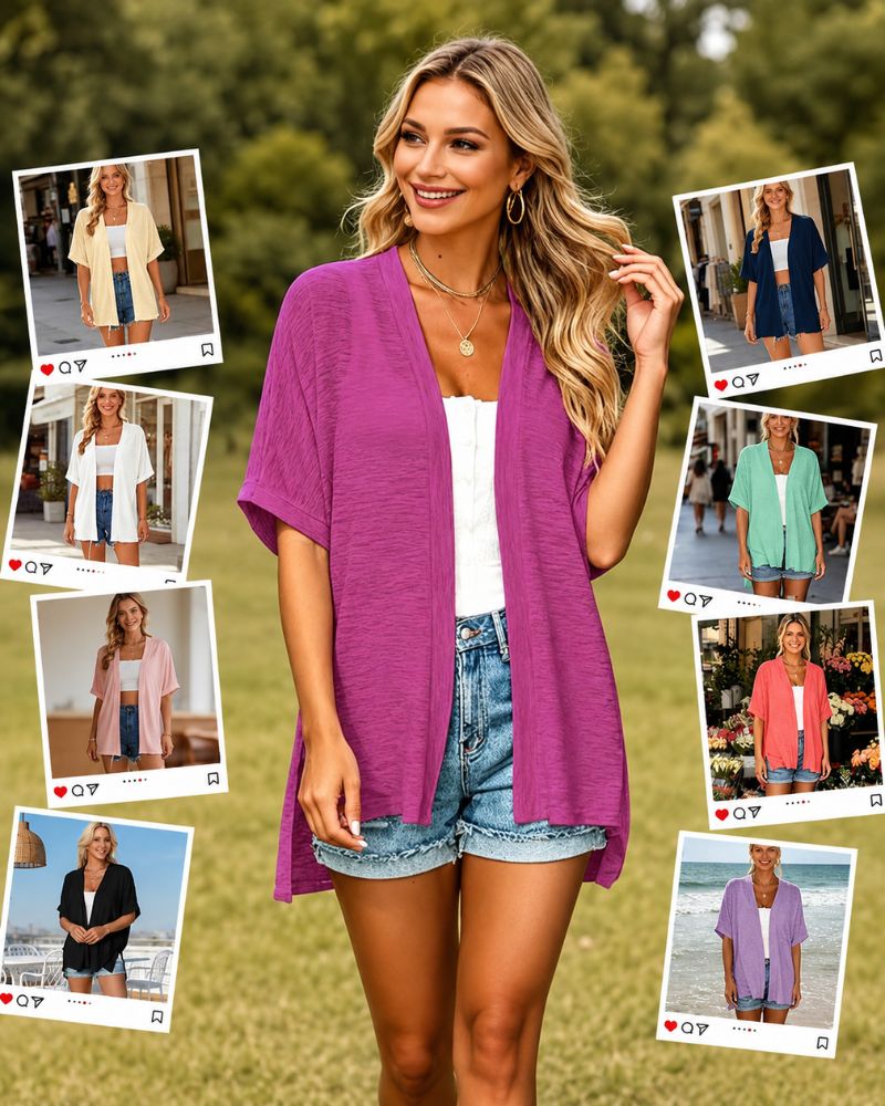 Airy Lightweight Short-Sleeve Open-Front Cardigan