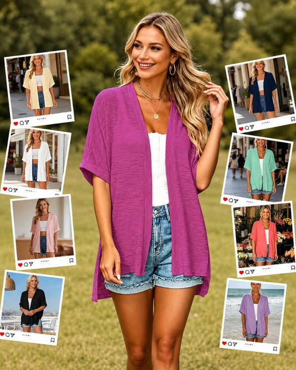 Airy Lightweight Short-Sleeve Open-Front Cardigan