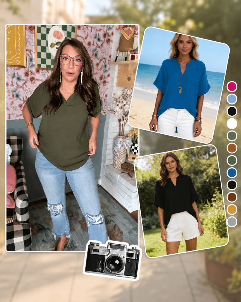 Effortless V-Neck Relaxed-Fit Short-Sleeve Blouse